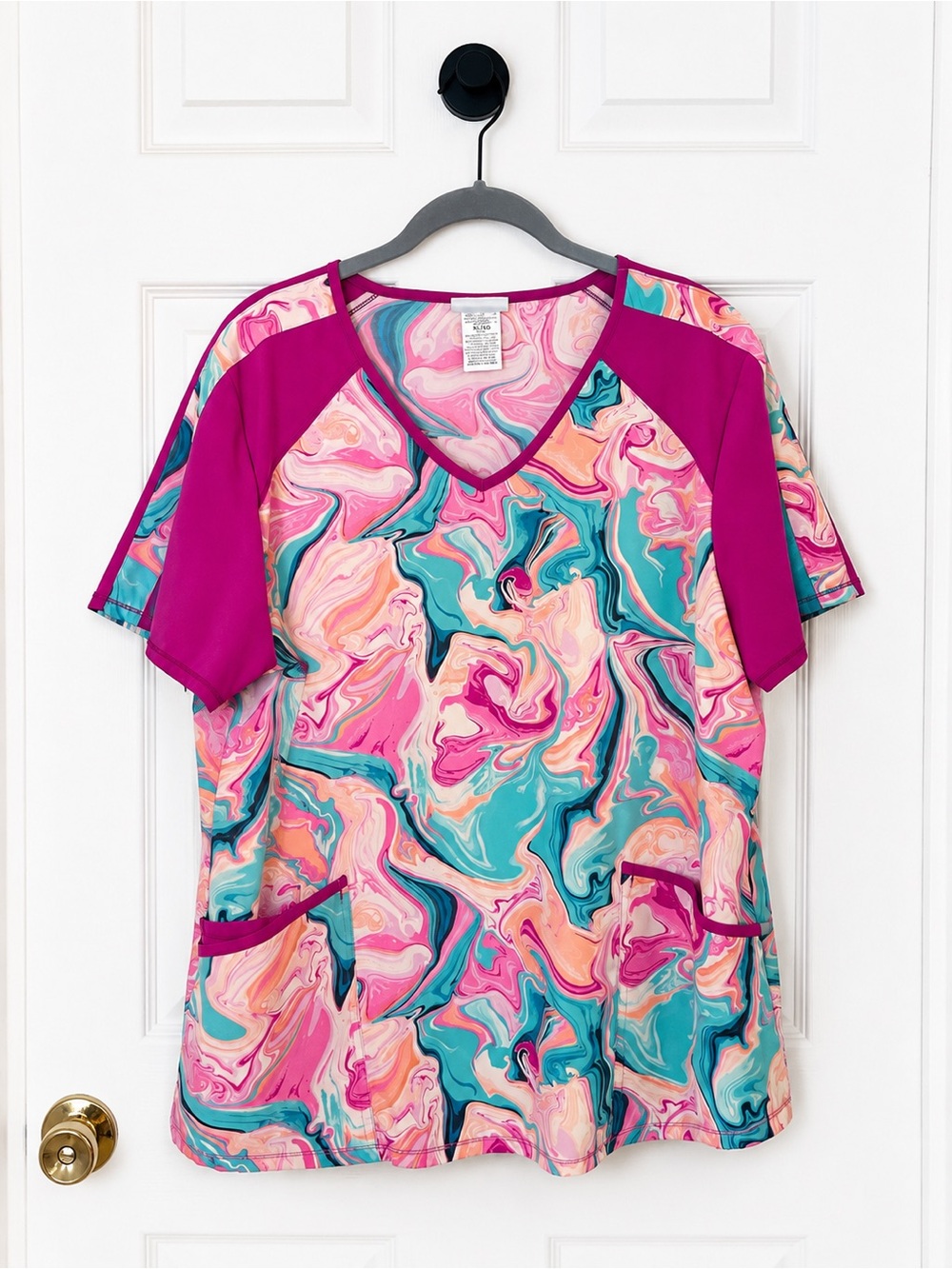 Scrubstar XL Pink & Teal Marble-Print Stretch V-Neck Scrub Top